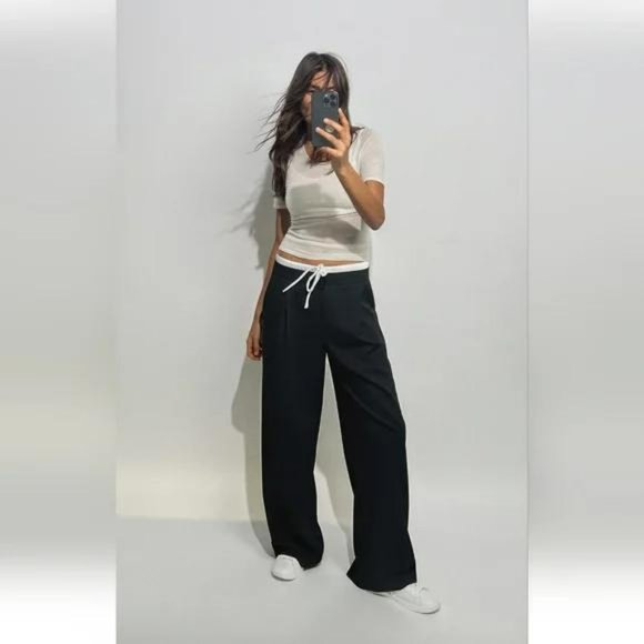 ZARA DOUBLE WAIST WIDE LEG PANTS - Picture 1 of 8